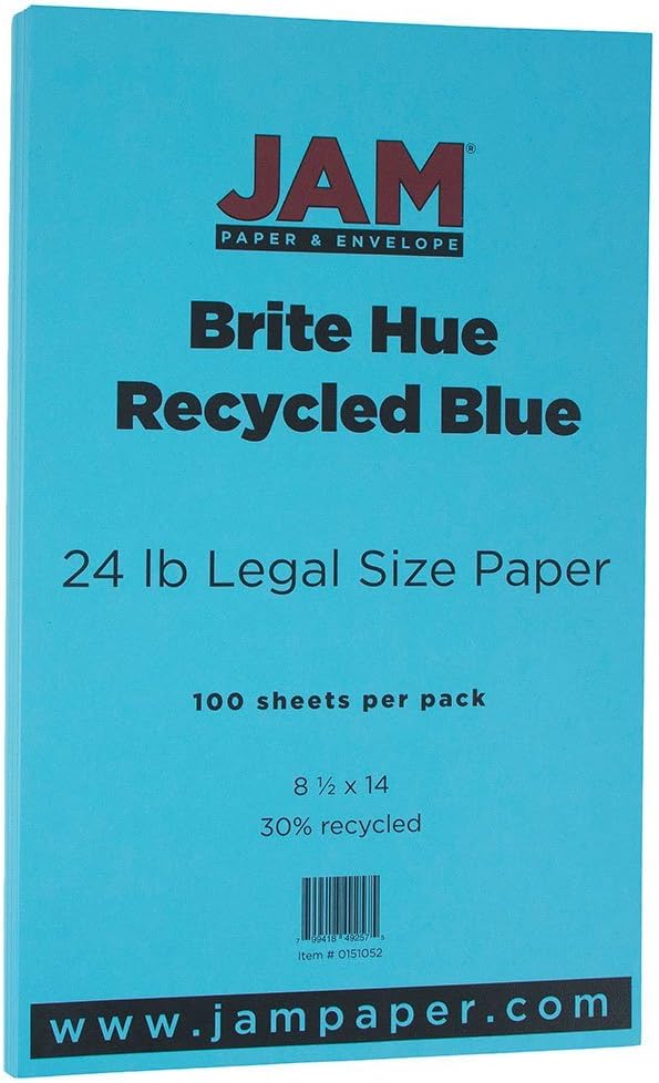 JAM PAPER Legal Colored 24lb Paper - 8.5 x 14 - Blue Recycled - 100 Sheets/Pack