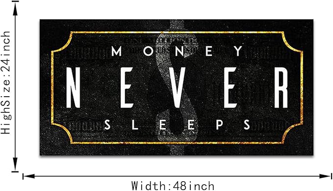 Large Size Canvas Painting Money Never Sleeps Posters and Prints Motivational Office Home Wall Decoration Pictures HD Print for School Coffee Shop, Framed 48" W x 24" H