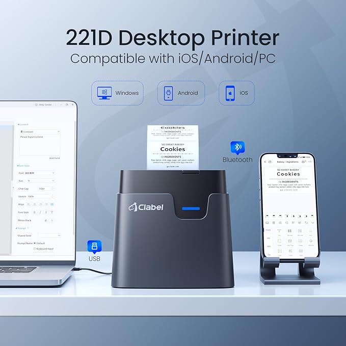 CLABEL Desk Bluetooth Barcode Label Printer: 221D Label Maker with Direct Thermal Printing, 2 Inch Print Width for Barcodes Address Office Warehouse with 1 Roll Label