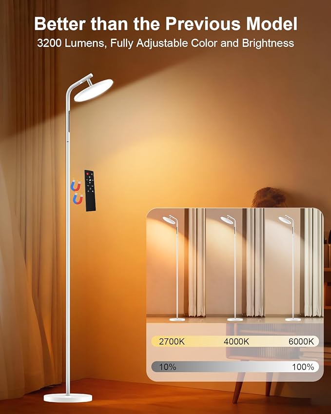 LED Floor Lamp, 36W Super Bright Standing Lamp with Remote & Touch Control, 69" Stepless Dimmable Torchiere Tall Lamp, 350° Rotating Head Floor Lamp for Bedroom, Living Room, Office, White