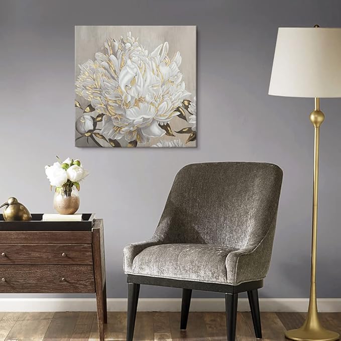 Goldfoilart Floral Wall Art White Blooming Flower Canvas Pictures Modern Paintings with Gold Foil Framed Artwork for Living Room Bathroom Bedroom Kitchen Office Wall Decor 24" x 24"
