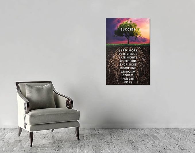 Success Tree Wall Art Inspirational Painting Canvas Inspiring Entrepreneur Quotes Picture Poster Printing Artwork Office Decoration Living Room Gym Decoration Frame Ready to Hang[24''W x 36''H]