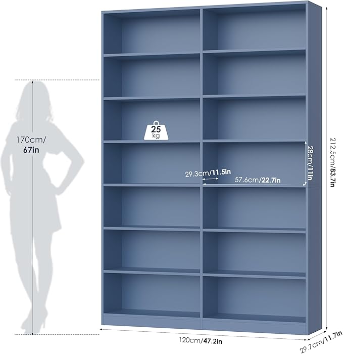 FACBOTALL 83.6" Tall Bookshelf and Bookcase, 7-Tier Extra Large Bookshelf with Double Storage, 14 Open Display Shelves for Home Office, Study and Living Room, Blue