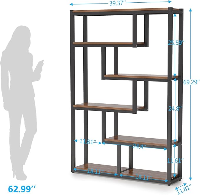 Tribesigns 6-Shelf Industrial Bookshelf Set of 2, Vintage Etagere Bookcase, 69 Inch Tall Storage Display Staggered Shelves with Sturdy Metal Frame for Home Office, Dark Walnut