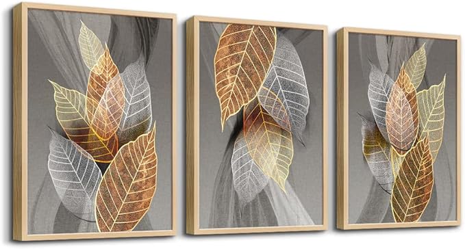 Natural Wood Framed Wall Art For Living Room Large Wall Decorations For Kitchen Bedroom Wall Decor Abstract Leaves Painting Inspirational Pictures Artwork Bathroom Home Decor of 3 Piece Art Prints