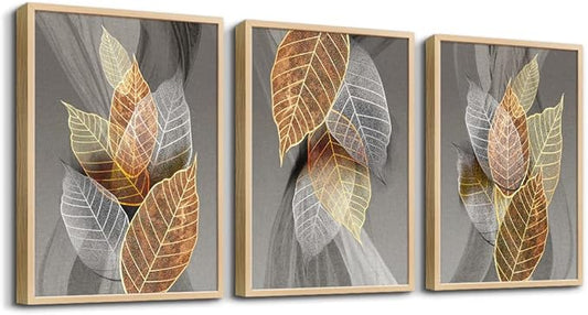 Natural Wood Framed Wall Art For Living Room Large Wall Decorations For Kitchen Bedroom Wall Decor Abstract Leaves Painting Inspirational Pictures Artwork Bathroom Home Decor of 3 Piece Art Prints