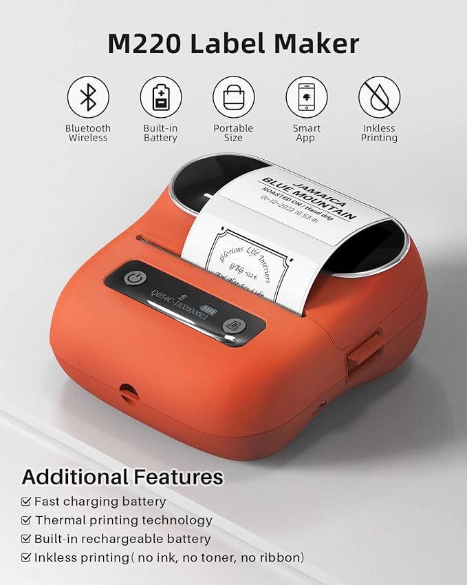 Phomemo M220 Label Maker Orange & 1 Roll Transparent Thermal Label 1.96"x1.18"(50x30mm), Upgrade 3 Inch Barcode Portable Printer, for Office & Small Business, Compatible with Phones&PC
