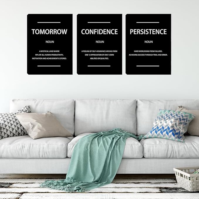 Motivational Black Wall Art Persistence Confidence Tomorrow Noun Inspirational Painting Wall Art 3 Pieces Canvas Print Office Decor Poster Framed Quotes Wall Art Office Decoration - 36" W x 16" H