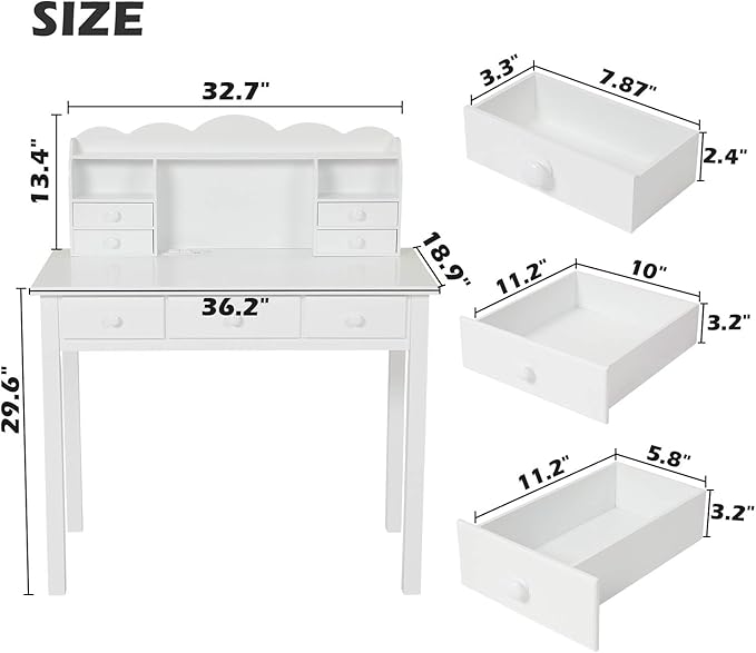 ADORNEVE Writing Desk with USB Port, Home Office Desk with Drawers and Hutch, 36.2" Study Table Computer Desk for Student/Adults, Computer Work Station with Storage Shelf, 7 Drawers, White