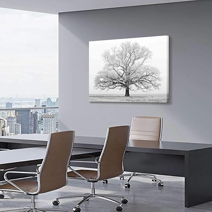 Winter Tree Canvas Wall Art: Black and White Landscape Painting Print Artwork for Living Rooms