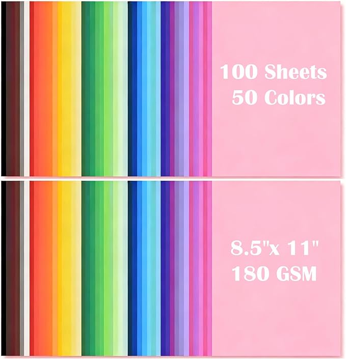 100 Sheets Colored Cardstock, 8.5" X 11" Colored Card Stock, 50 Assorted Colors Construction Colorful Paper Card Stock Printer Paper for Printing, Card Making, DIY Crafts, Party Decorations (180 GSM)