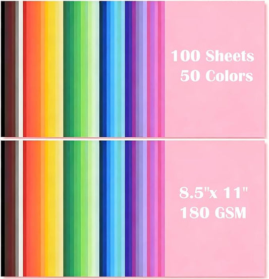 100 Sheets Colored Cardstock, 8.5" X 11" Colored Card Stock, 50 Assorted Colors Construction Colorful Paper Card Stock Printer Paper for Printing, Card Making, DIY Crafts, Party Decorations (180 GSM)