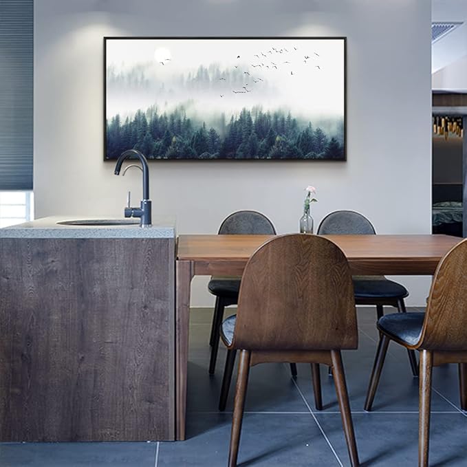 Framed Wall Decor Living Room Large Size Canvas Wall Art For Bedroom Foggy Forest Trees Landscape Painting Office Decorations Boho Home Decor Pictures Artwork Black Wood Framed 24" X 48"