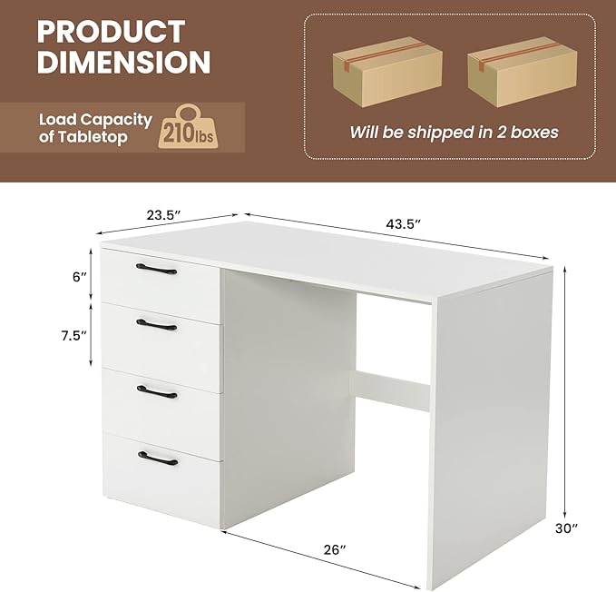Giantex White Computer Desk with 4 Large Drawers, Home Office Laptop PC Desk, Writing Table, Modern Computer Workstation for Bedroom Study Room