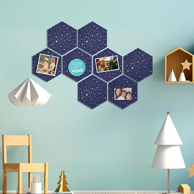 Felt Hexagon Bulletin Board with 20 Push Pins, Pack of 8 Notice Boards for Home Office Kitchen, Push Pin Board Felt Wall Tiles for Photos Memos