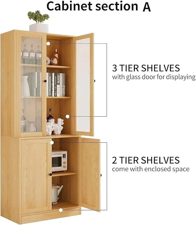 TUSY 71" H Bookshelf with Storage, 6-Tier Modern Bookshelves with 3 Large Drawer, Display Bookcase with Glass Doors, Modern 5-Tier Curio Cabinet for Home Office, Dining Room (Wood, AB)
