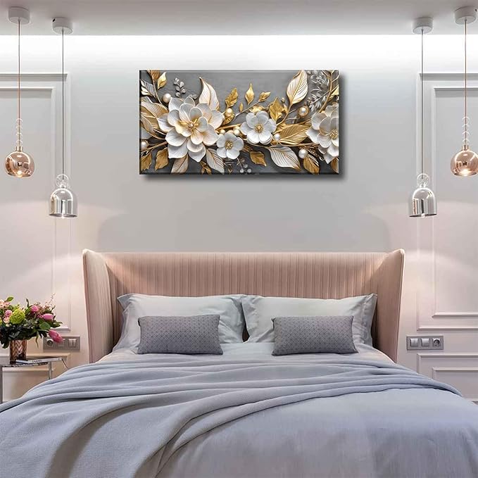 Large Living Floral Canvas Wall Art Gold White Plant Abstract Decor painting Pictures Modern Nordic Botanical Flowers Posters Prints for Bathroom Bedroom Office Hallway Home Decoration