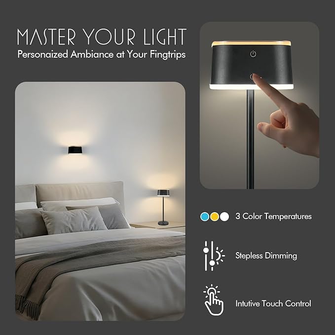 2 Pack Cordless Table Lamps, Rechargeable Touch Lamps for Nightstand & Dining Table, 3 Color Temps 3000K-6500K, Dimmable, Dual-Tone Design, USB-C Portable Bedside Lights, Set of 2, Black