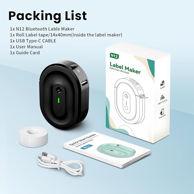 Mini Label Maker Machine with Tape, N12 Portable Bluetooth Label Printer, Thermal Sticker Labeler for Small Business, School, Home, Office(Black)