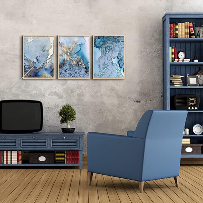 Natural Wood Framed Abstract Paintings Canvas Wall Art For Living Room Bedroom Decoration Office Wall Decor Blue Abstract Watercolor Pictures Home Decoration Posters Artwork 3 Piece Framed Art Prints