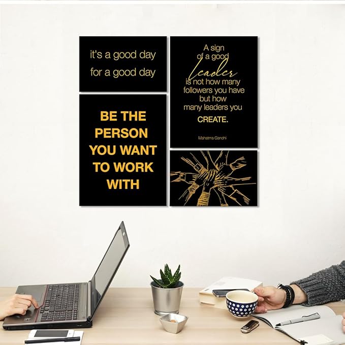YEOION Inspirational Office Wall Art for Women,Motivational Teamwork Wall Decor for Office,Black and Yellow Postive Quote Workplace Canvas Wall Art for Set of 6