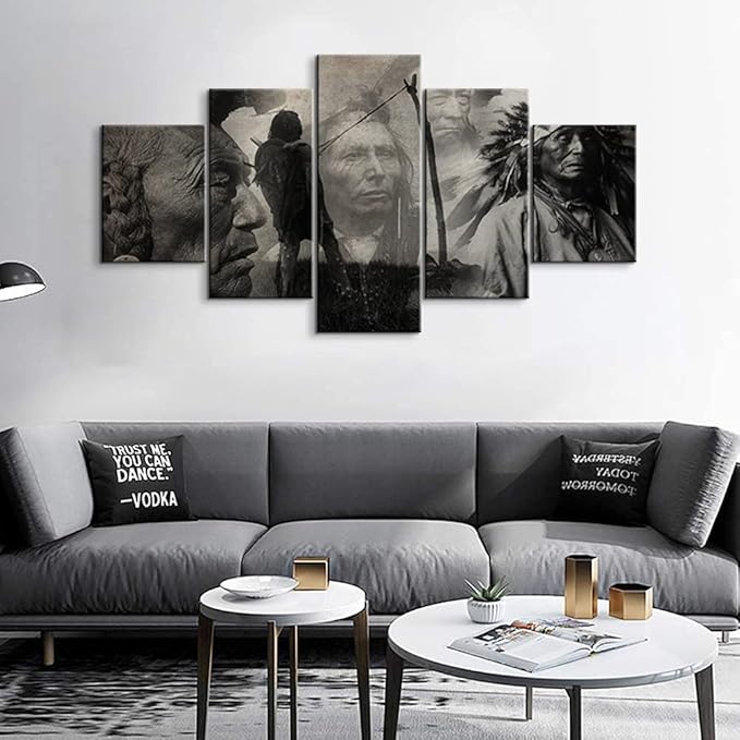 Native American Indian Chief Wall Art - 5 Piece Set for Living Room Decor (60''W x 32''H)