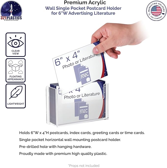 Marketing Holders Postcard Holder Bin Single Clear Plastic 6" x 4" Pocket Index Cards Prayer or Sticker Wall Mount Greeting Display Rack for Retail Store Owners and Beach Boutiques