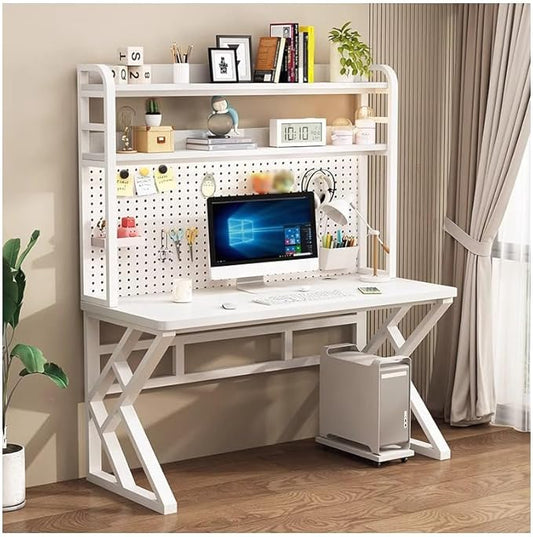 39.3in Gaming Desk with Bookshelf Combo, Computer Desk with Pegboard, Large Writing Table with Desktop Shelves, Ample Leg Room, for Home Office (White, 39.3in)