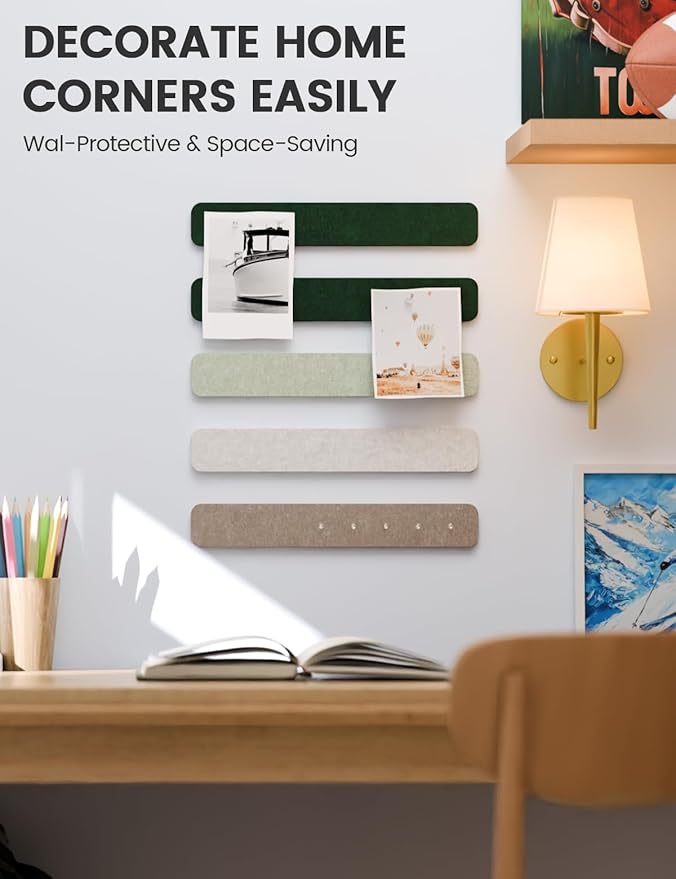 Fluxynara Cork Board Alternative Felt Strip Board 5-Pack 13"x2", Office Pin Board with 35 Push Pins, Adhesive Install for Bedroom Door & Home Office(Nordic Moss)