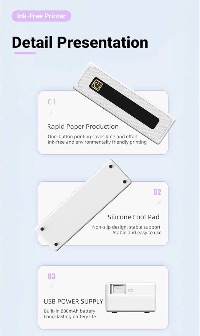Generic Portable Printer for Travel, Bluetooth Thermal Printer Support 210MM 112MM 80MM 57MM Thermal Paper, Inkless Printer for iOS, Android & Laptop for Office Car Home,