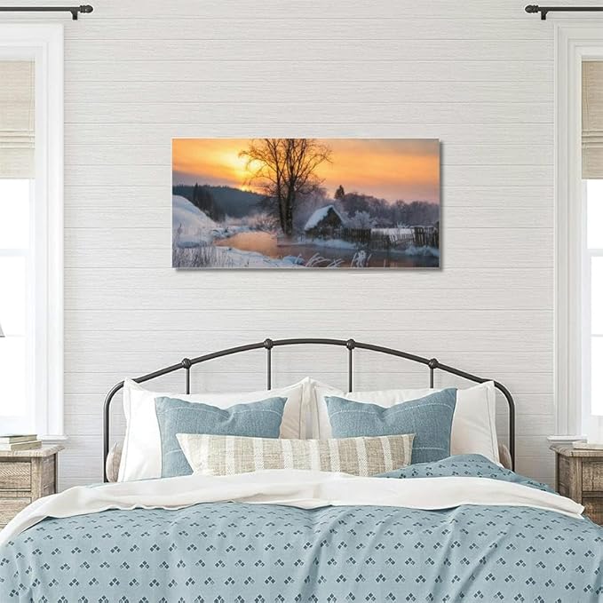 House the village near the river against the backdrop the mountains a Canvas Wall Art Large Framed Prints Pictures Wall Decor Posters Painting Artwork for Living Room Bedroom Kitchen Bathroom 16x30