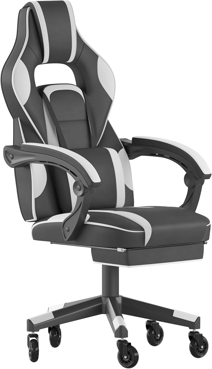 Flash Furniture X40 Gaming Chair Racing Computer Chair with Fully Reclining Back/Arms and Transparent Roller Wheels, Slide-Out Footrest, - White