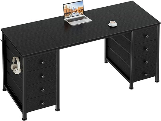 DLisiting Black Gaming Desk with Fabric Drawers on Both Sides, 55 Inch Home Office Computer Study Writing Work PC Desk with 8 Storage Drawers Storage for Bedroom