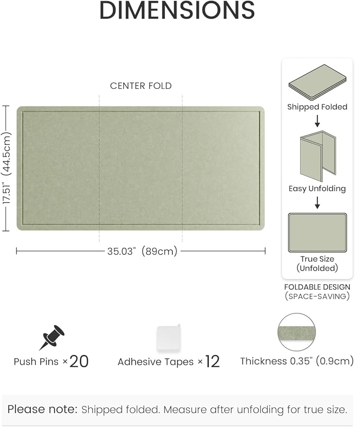 Fluxynara Bulletin Board, 35" x 17.5" Cork Board Alternative with 12 Safe Removable Adhesive Tabs, Foldable Felt Pin Board for Home Office, Classroom, Bedroom,Entryway for Walls— Sage