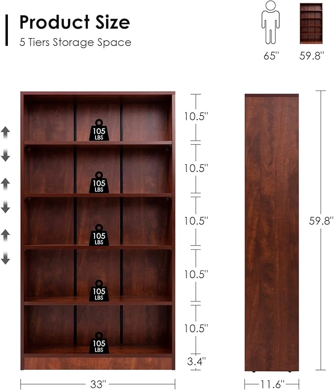 Farini Cherry Bookshelf for Bedroom 5 Shelf Office Bookcase 60 Inches Tall Modern Wood Bookshelf for Living Room 5 Tier Wide Manga Bookshelf Library Bookcase