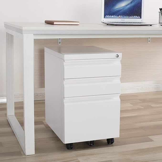 Bonnlo White 3-Drawer File Cabinet with Lock, Rolling Under Desk Filing Cabinet for Home Office, Mobile Office Drawers with Pencil Tray, Assembly Required, 23.6" H