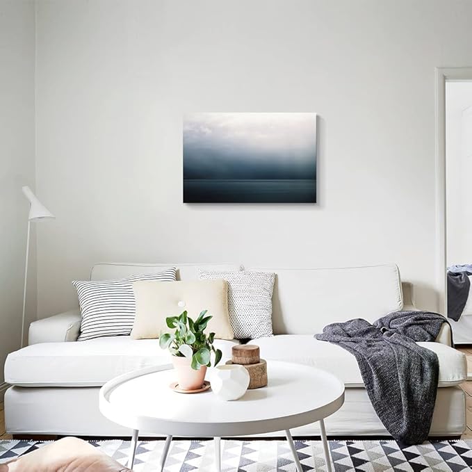 Large Canvas Wall Art Modern Abstract Art Paintings Green Mountains Blue Sea Under the Grey Sky Scenery Framed Artwork Pictures for Living Room Bedroom Hallway Wall Decor 30x20in