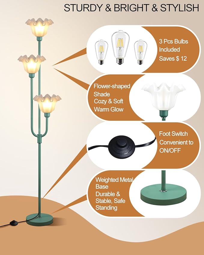 66'' Flower Floor Lamp for Living Room, Vintage Floral Floor Lamp with LED Bulbs, 3 Light 3000K Soft Warmwhite Mid Century Standing Tall Lamps for Bedroom/Sofa Beside/Corner Decor-Grey Green