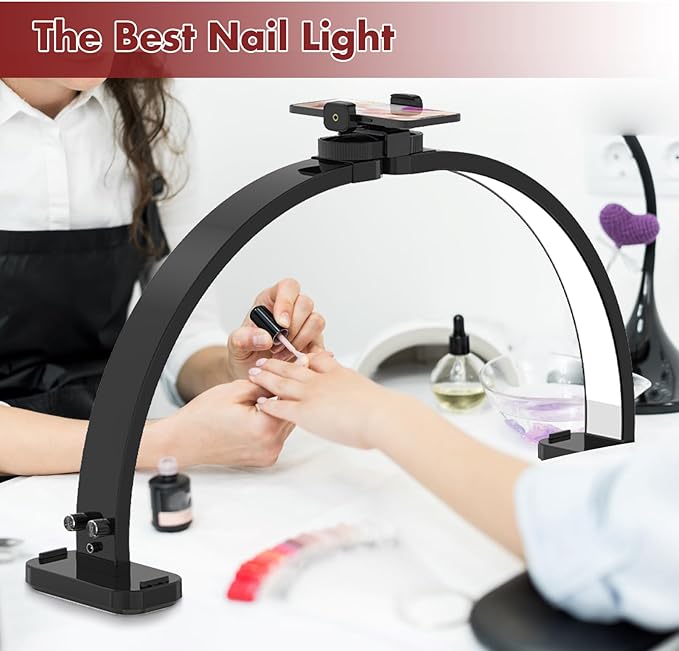 FAHKNS Half Moon Light for Nail Desk with Phone Holder, Upgraded 28-inch Foldable Half-Moon Lamp, LED Light for Manicure, Eyelash Extension, Tattooing, Craft, Black