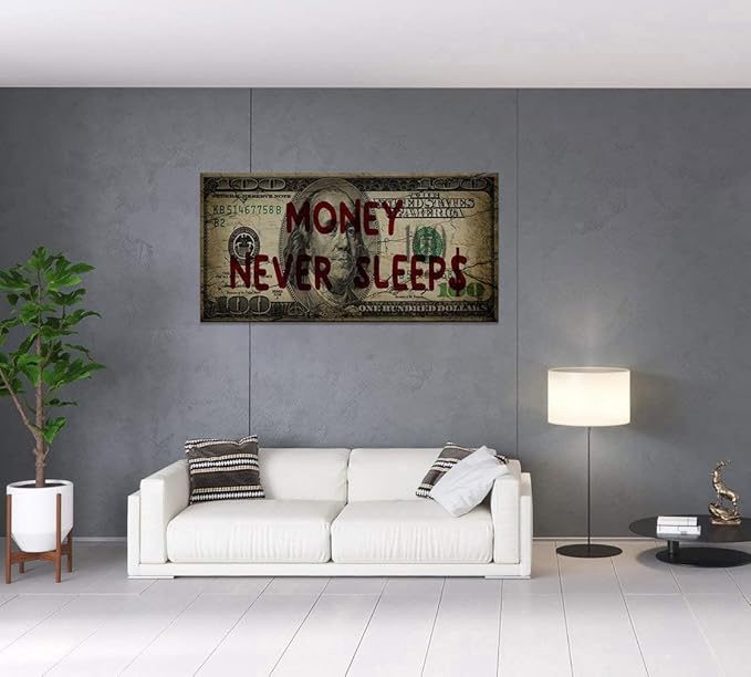 Canvas Money Wall Art Money Never Sleeps Inspirational Dollar Artwork Poster Canvas Painting Framed Ready to Hang-48x24 inches