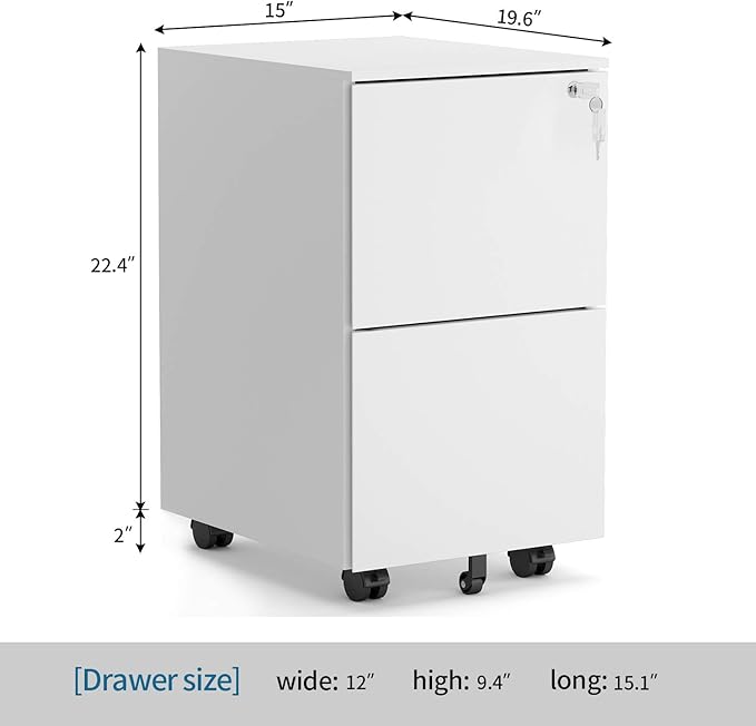 2 Drawer Locking File Cabinet with Wheels, Mobile Metal Filing Cabinet for Home and Office, Steel, White