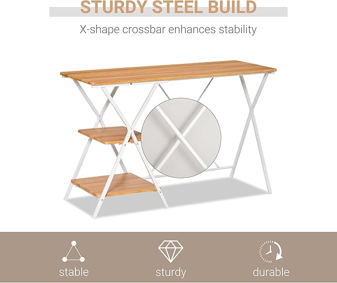 HOMCOM Computer Desk with Storage Shelves, Writing Desk for Home Office, Study Workstation, Natural