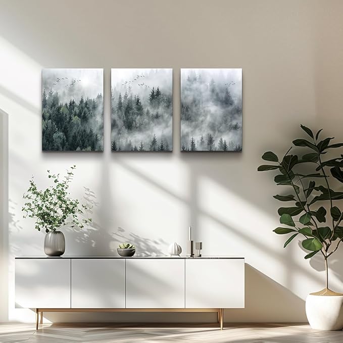 MHARTK66 Canvas Wall Art for Living Room - Modern Decorations for Bedroom, Foggy Forest Trees Landscape Painting - Office Decor Ready to Hang, Framed Pictures, 12x16 3 Panels