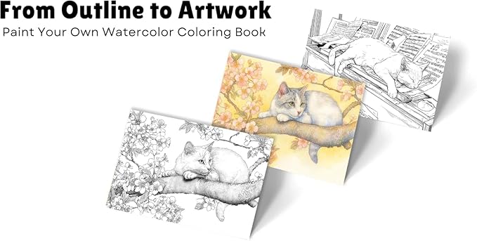 Artwink Watercolor Coloring Cards – 15 Sheets (5x7 Inches), Great for Coloring Book Lovers & Watercolor Painting Practicee (Cat/Dog/Bird/Landscape Illustrations) (Cat Theme (Book))