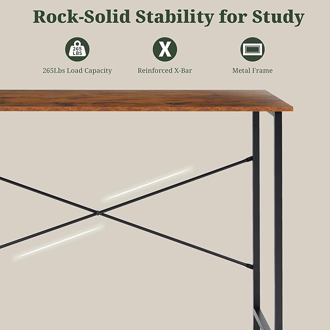 Computer Desk 44 Inch, Home Office Desk Simple Study Writing Table, Sturdy Metal Frame, Scratch-Resistant MDF Desktop for Bedroom Dorm Workspace Small Space, Brown