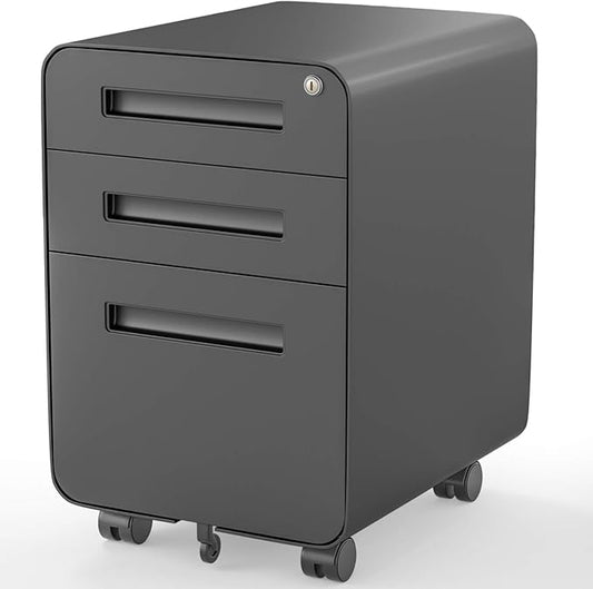 Modern Round Corner 3 Drawer Mobile Steel File Cabinet with Lock, Black, 19.69"L x 15.75"W x 23.62"H, Home Office