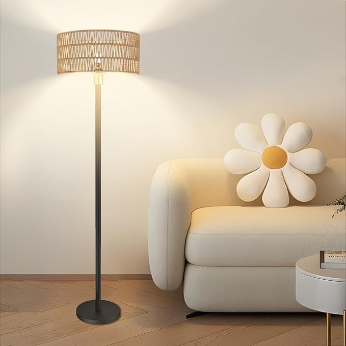 Cordless Rattan Floor Lamp with 3 Color Temperature, Dimmable Rechargeable Farmhouse Floor Lamp with Pull Cord Switch, Boho Tall Standing for Living Room, Includes 2 Bulbs