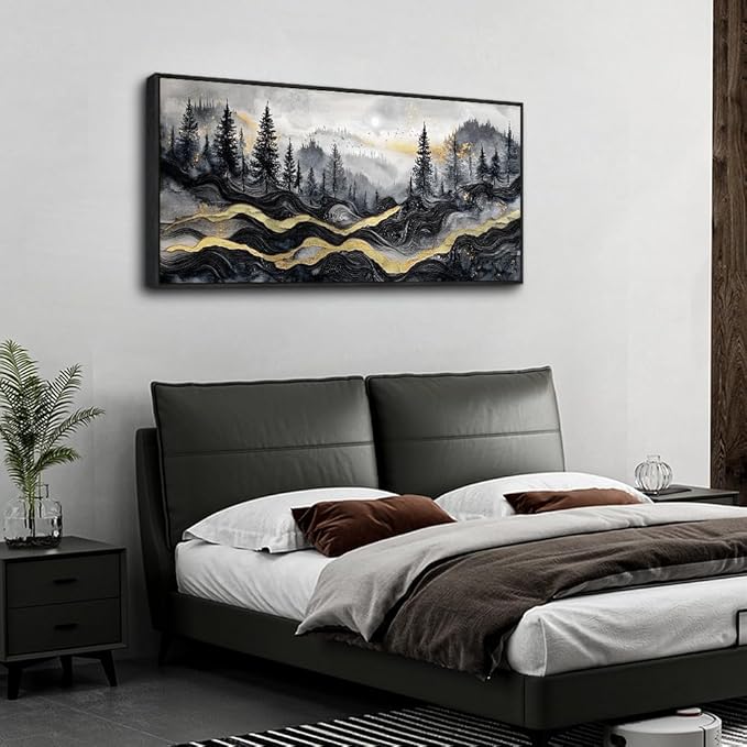 KELIYUAAN Large Canvas Wall Art For Living Room Black Framed Wall Decor For Bedroom Office Home Decorations Prints Pictures Abstract mountain landscape Painting Artwork Wall Aesthetics 20"X40"