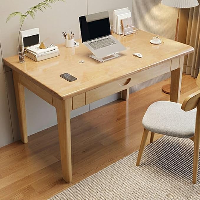 RUNNUP Modern Wood Writing Desk with 2 Drawers 39.5" Home Office Desk Simple Study Desk for Small Spaces, Without Chairs Natural