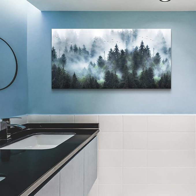 DZRWUBHS Canvas Wall Art - Large Size Modern Wall Decor for Living Room, Office, Bedroom - Foggy Forest Trees Landscape Painting - 20"X40"